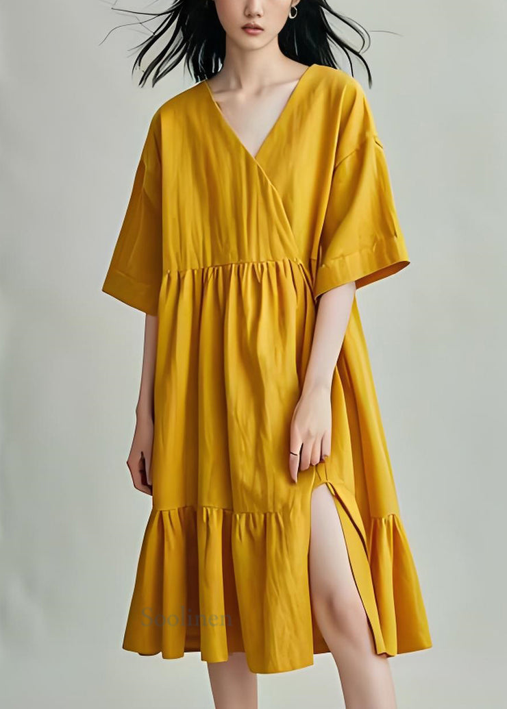 DIY Yellow V Neck Wrinkled Side Open Cotton Mid Dresses Summer