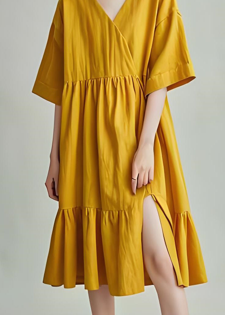 DIY Yellow V Neck Wrinkled Side Open Cotton Mid Dresses Summer
