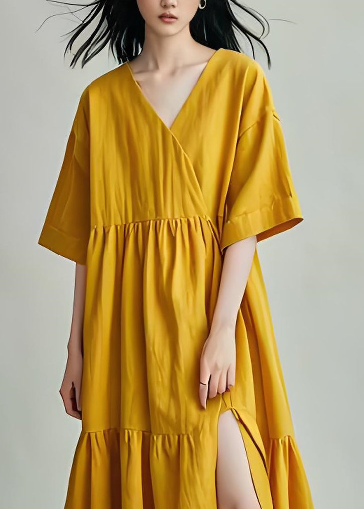 DIY Yellow V Neck Wrinkled Side Open Cotton Mid Dresses Summer