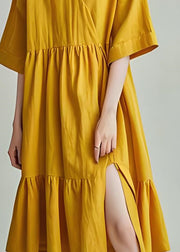 DIY Yellow V Neck Wrinkled Side Open Cotton Mid Dresses Summer