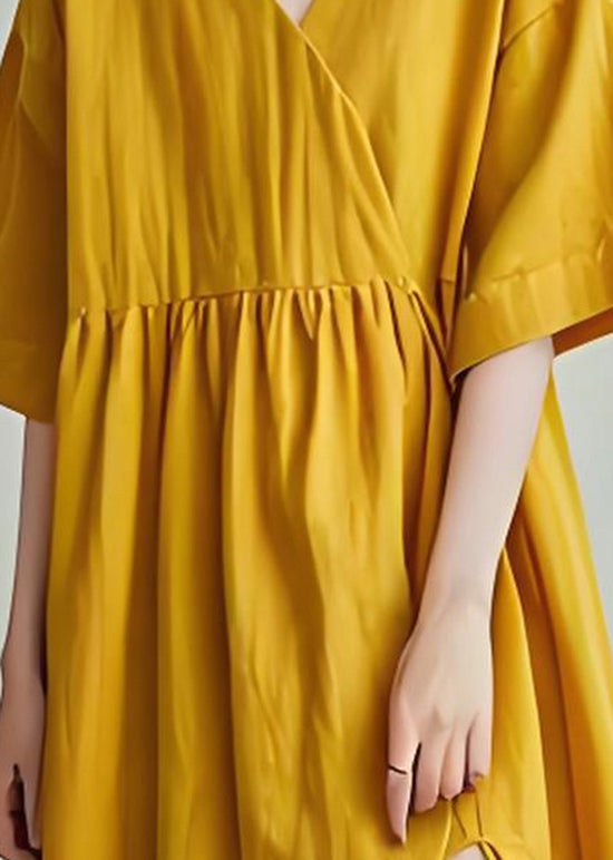 DIY Yellow V Neck Wrinkled Side Open Cotton Mid Dresses Summer