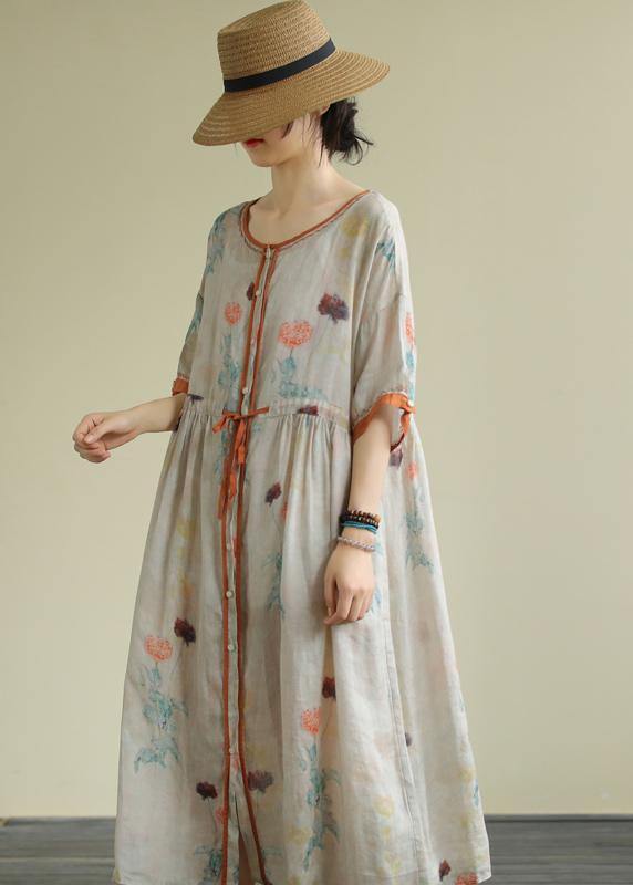DIY floral linen Long Shirts o neck drawstring Robe summer Dresses - SooLinen