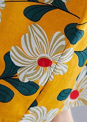DIY o neck pockets linen cotton dress Tunic Tops yellow print Dresses - SooLinen