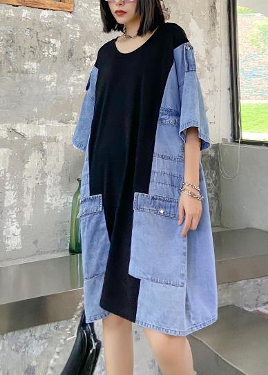 DIY o neck summer tunics for women black patchwork denim blue Dresses