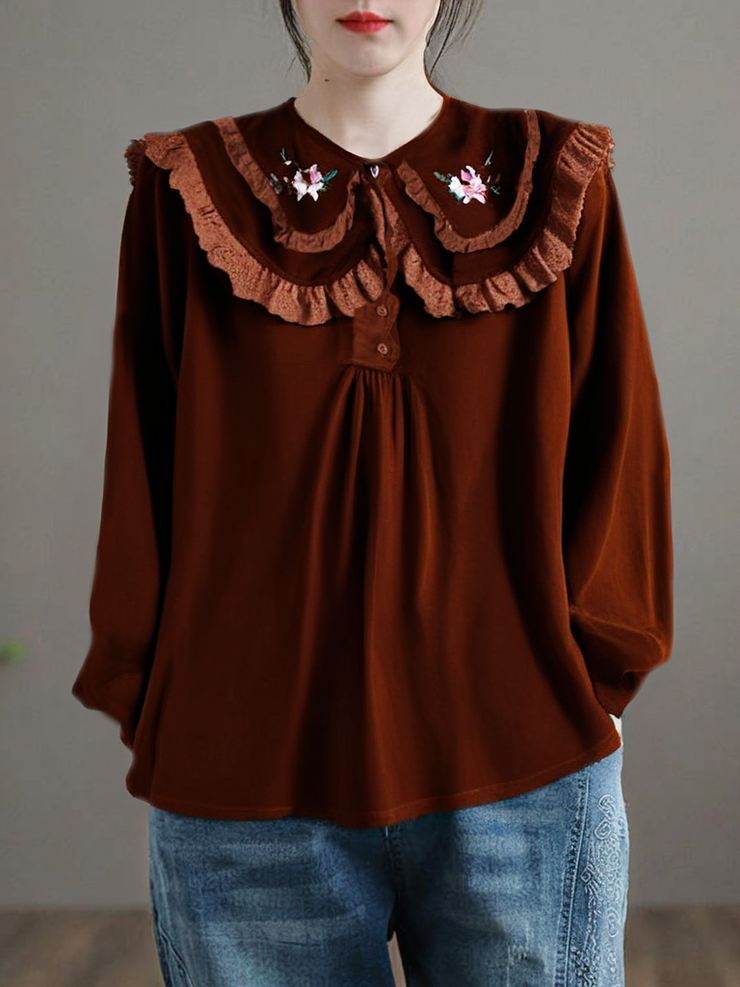 Grace Chocolate Embroideried Button Corduroy Blouses Spring