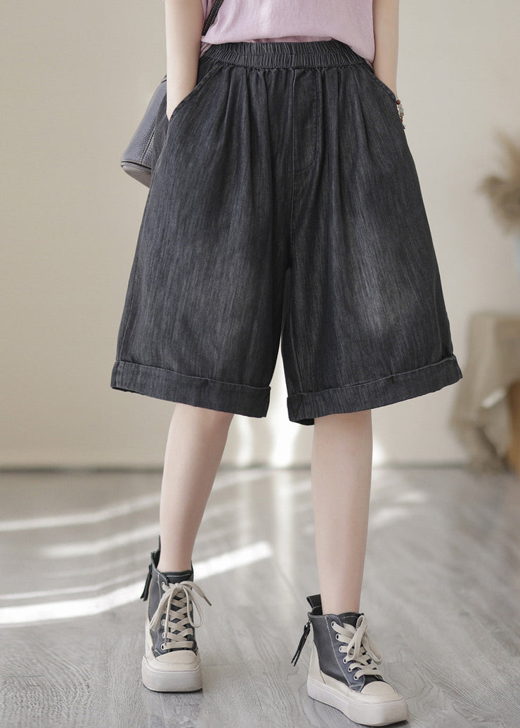 Dark Blue Elastic Waist Cotton Denim Shorts Summer