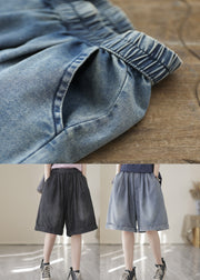 Dark Blue Elastic Waist Cotton Denim Shorts Summer