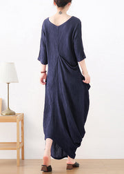 Dark Blue O-Neck Asymmetrical Linen Dress Long Sleeve