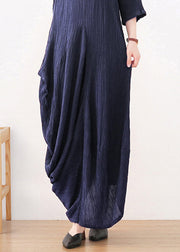 Dark Blue O-Neck Asymmetrical Linen Dress Long Sleeve