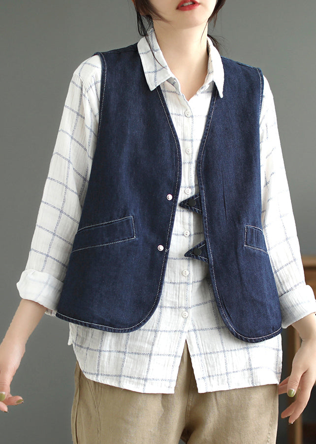 Dark Blue Pockets Patchwork Denim Waistcoat Sleeveless