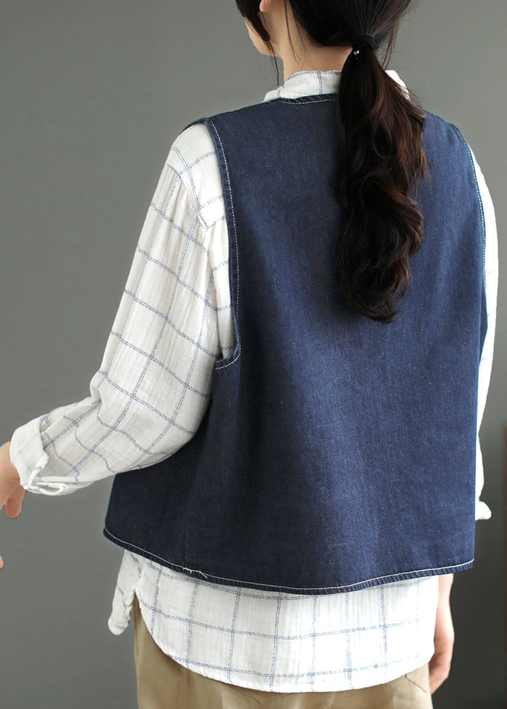 Dark Blue Pockets Patchwork Denim Waistcoat Sleeveless