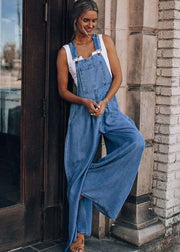 Dark Blue Pockets Patchwork Denim Wide Leg Jumpsuits Summer