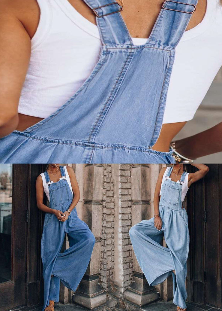 Dark Blue Pockets Patchwork Denim Wide Leg Jumpsuits Summer