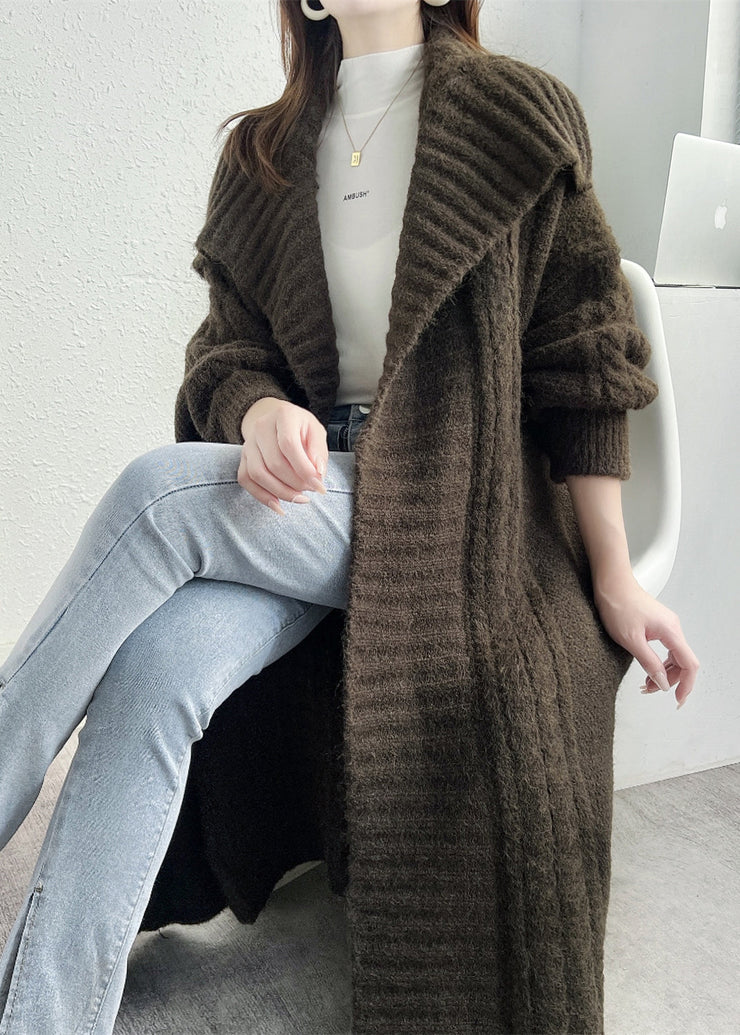 Dark Brown Loose Knit Cardigans Peter Pan Collar Design Fall