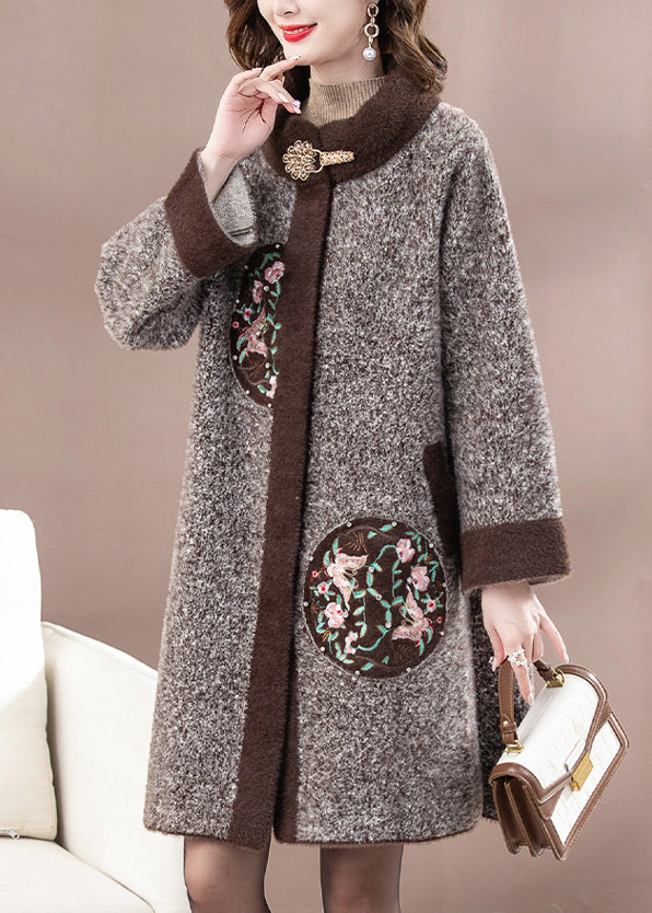 Dark Brown Mink Velvet Woolen Coats Stand Collar Spring