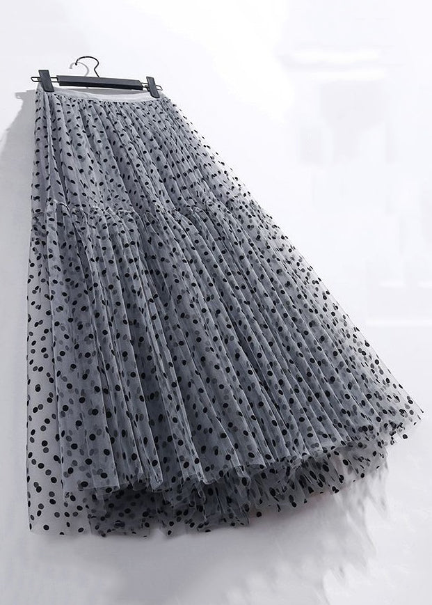 Dark Gray Dot Pleated Tulle Skirt High Waist Summer