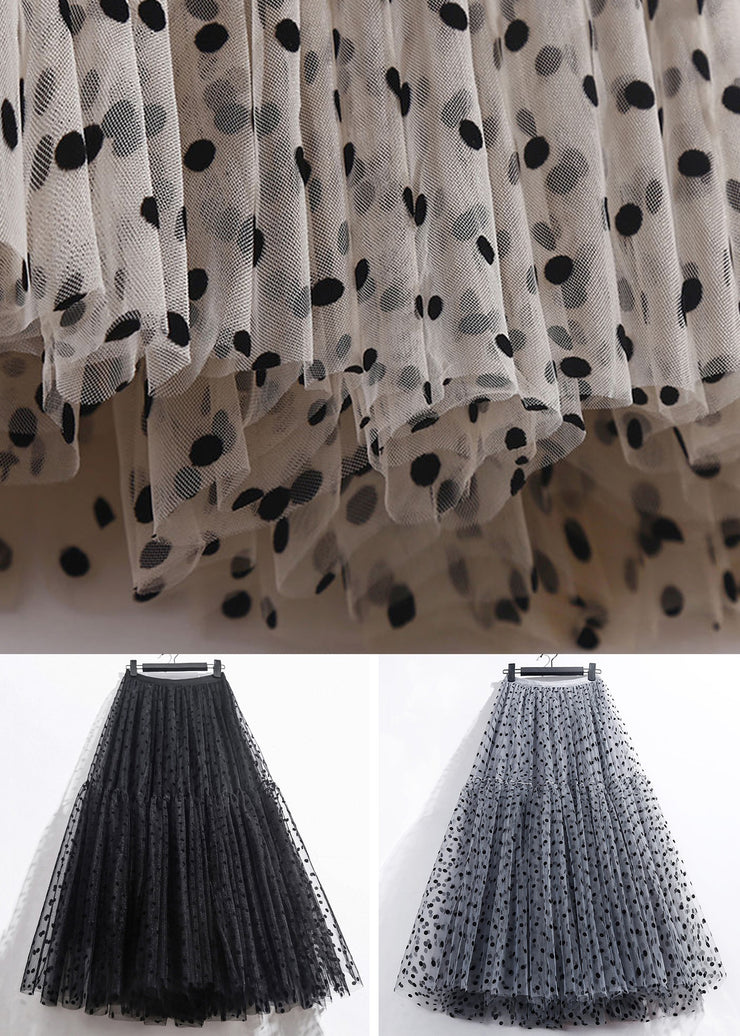 Dark Gray Dot Pleated Tulle Skirt High Waist Summer
