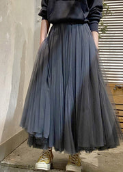 Dark Gray High Waist Pleated Patchwork Tulle Skirts Spring