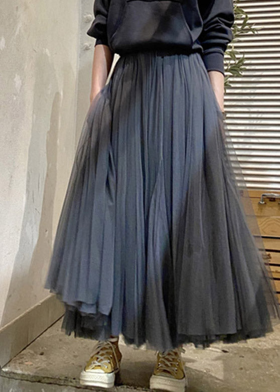 Dark Gray High Waist Pleated Patchwork Tulle Skirts Spring