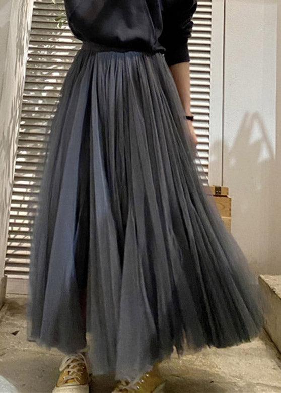 Dark Gray High Waist Pleated Patchwork Tulle Skirts Spring