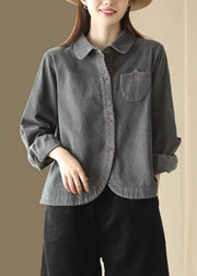 Dark Gray Pockets Corduroy Blouse Top Peter Pan Collar Spring