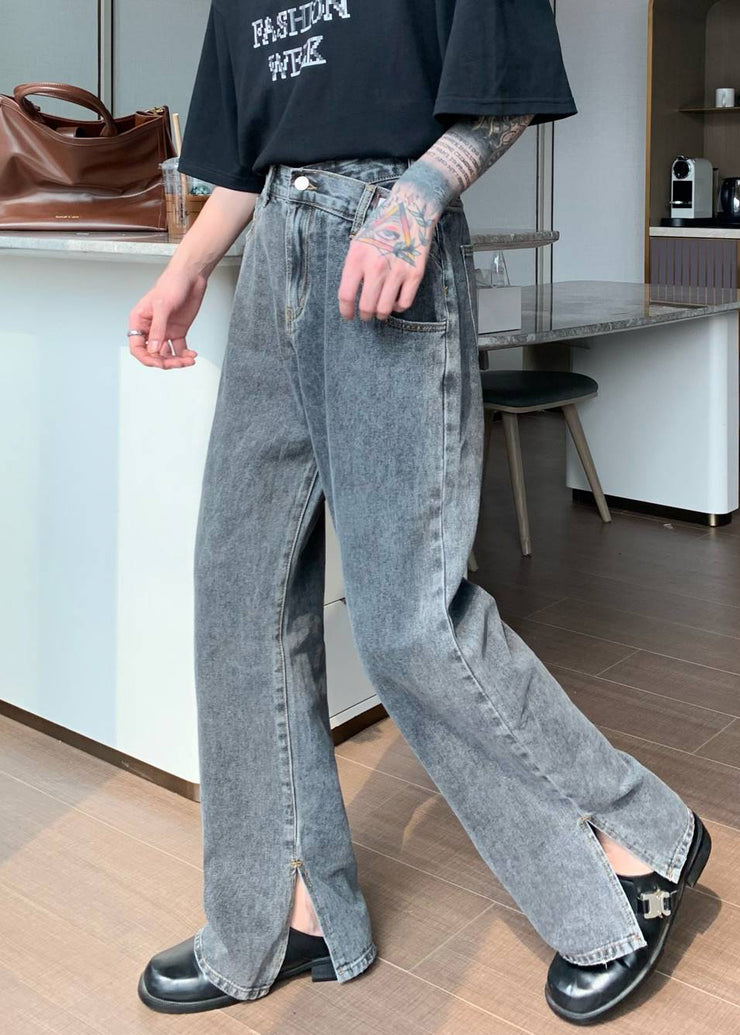 Dark Gray Side Open Summe Denim Mens Pants High Waist