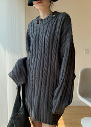 Dark Grey Cozy Knit Sweater Hole Spring