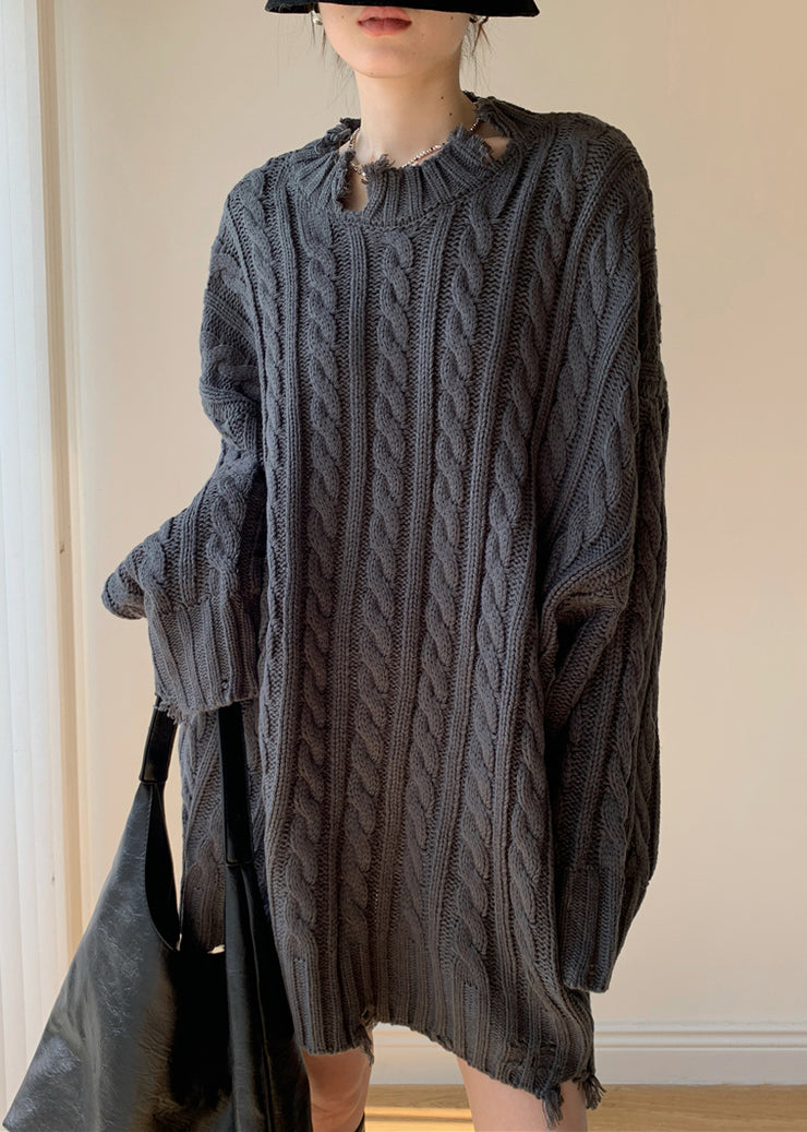 Dark Grey Cozy Knit Sweater Hole Spring