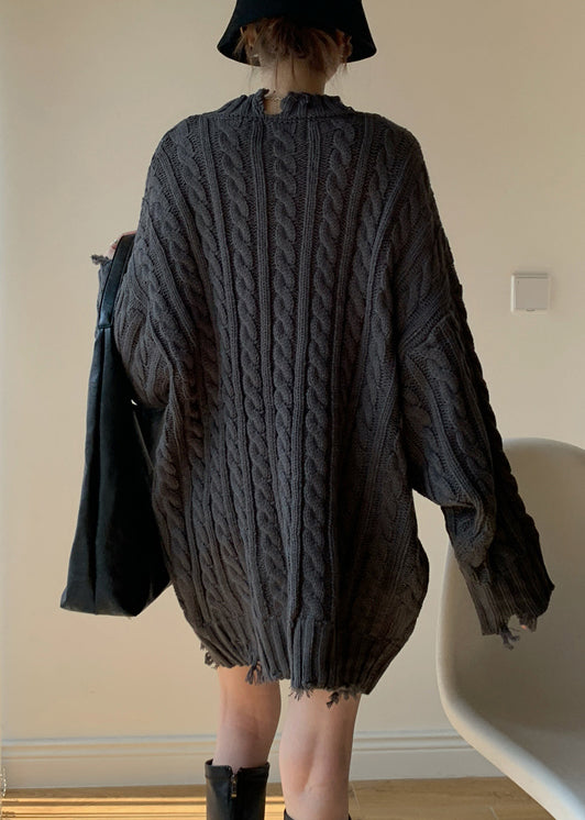 Dark Grey Cozy Knit Sweater Hole Winter