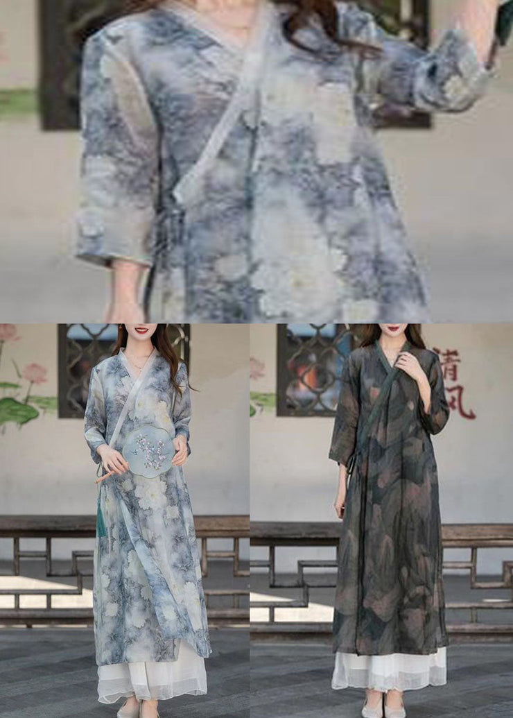 Dark Grey Patchwork Linen Maxi Dresses V Neck Lace Up Summer