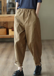 Dark Khaki Solid Elastic Waist Cotton Harem Pants