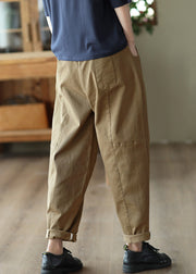 Dark Khaki Solid Elastic Waist Cotton Harem Pants