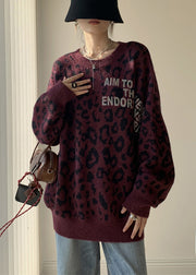 Dark Purple Letter Loose Knit Sweaters O Neck Spring