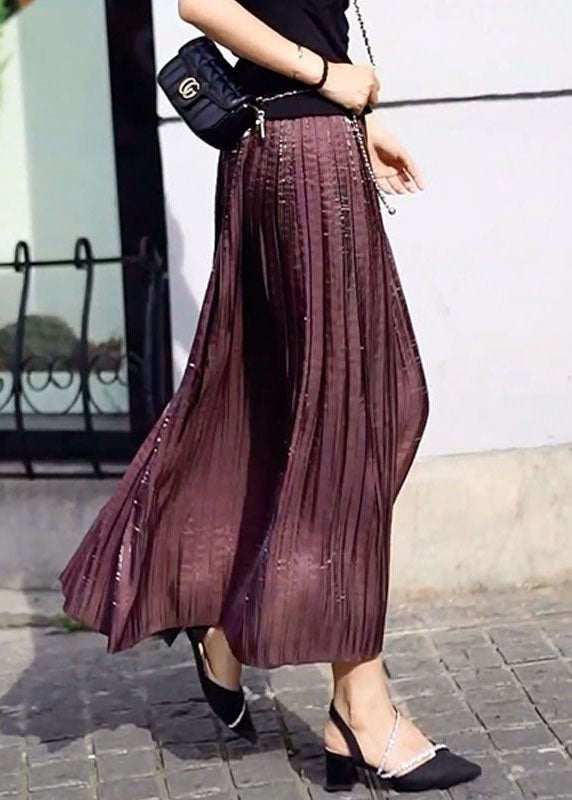 Dark Purple Patchwork Silk Skirt Wrinkled Summer