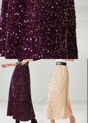 Dark Purple Silm Fit Silk Velour Skirts Sequins Fall