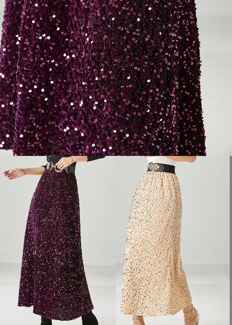 Dark Purple Silm Fit Silk Velour Skirts Sequins Fall