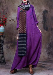 Dark Purple V Neck printing Floral Linen Dress Long Sleeve