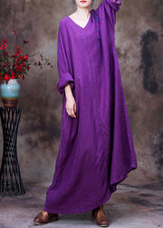 Dark Purple V Neck printing Floral Linen Dress Long Sleeve