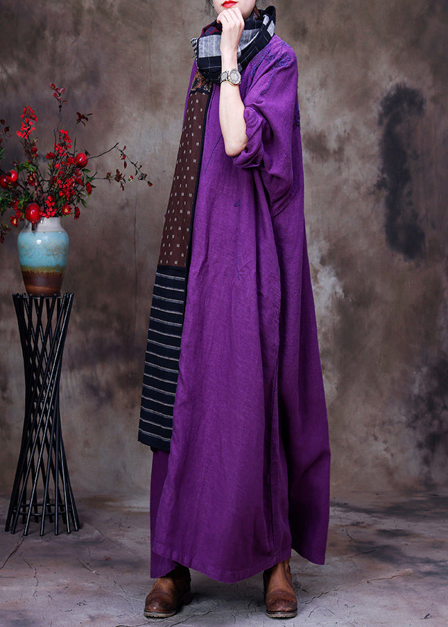 Dark Purple V Neck printing Floral Linen Dress Long Sleeve