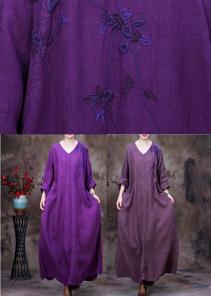 Dark Purple V Neck printing Floral Linen Dress Long Sleeve