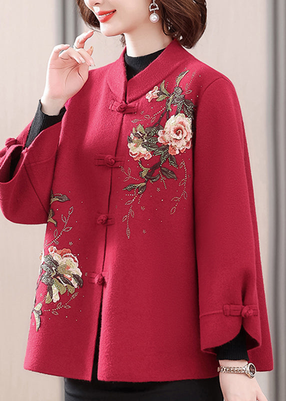 Dark Red Patchwork Button Woolen Coat Spring