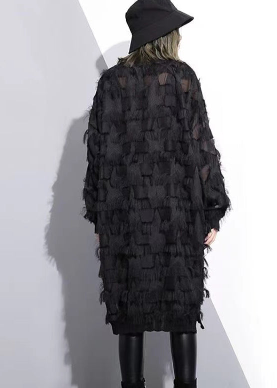 Elegant black lace dresses oversized lace gown women tassel dresses