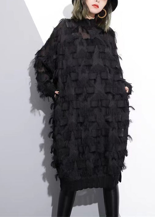 Elegante schwarze Spitzenkleider übergroße Spitzenkleider für Damen mit Quastenkleidern