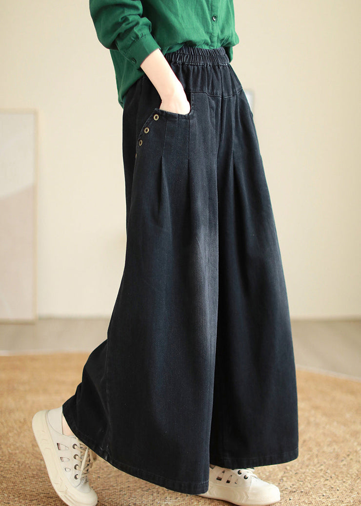 Denim Black Elastic Waist Draping Flared Trousers