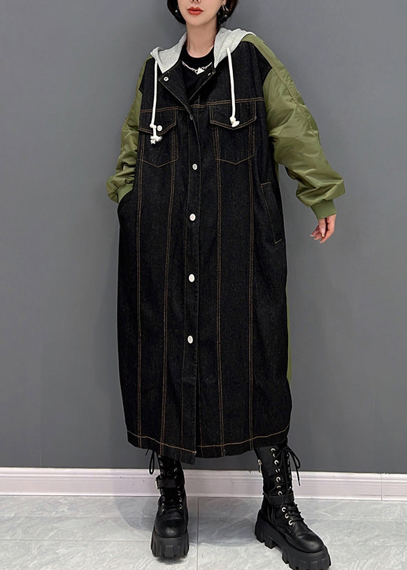 Denim Black Patchwork Button Hooded Coat Fall