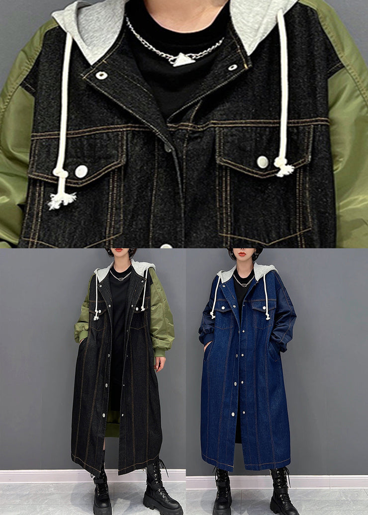 Denim Black Patchwork Button Hooded Coat Fall