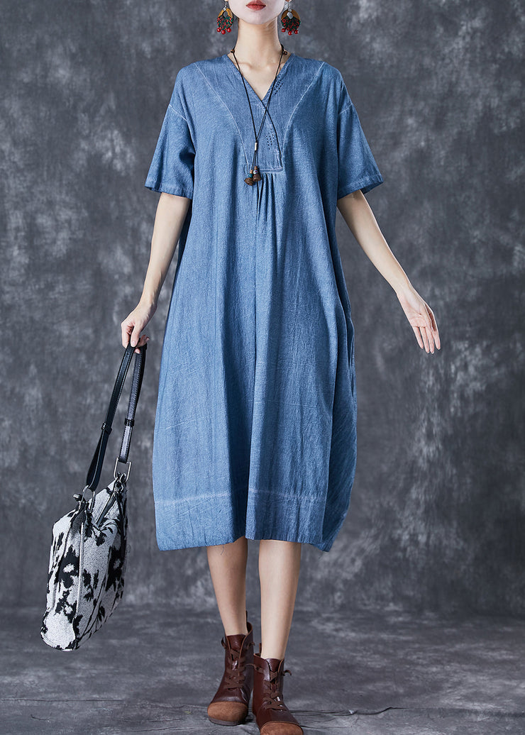 Denim Blue Cotton Robe Dresses Oversized Pockets Summer