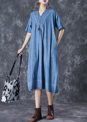 Denim Blue Cotton Robe Dresses Oversized Pockets Summer