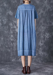 Denim Blue Cotton Robe Dresses Oversized Pockets Summer