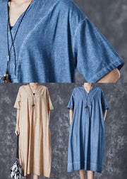 Denim Blue Cotton Robe Dresses Oversized Pockets Summer